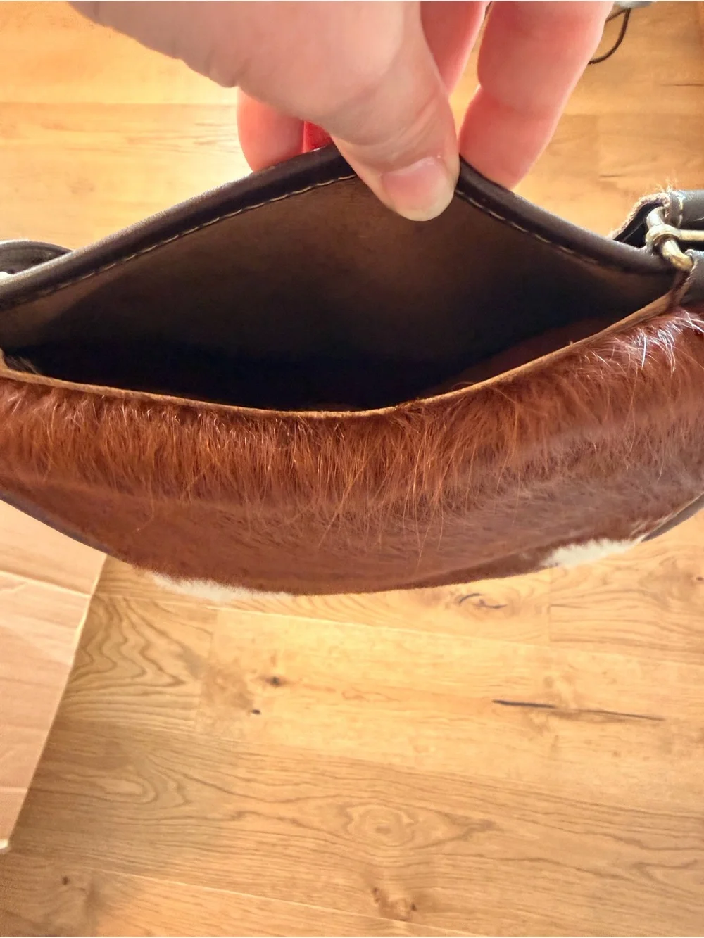 Leather-Trim Brown & White Cowhide Crossbody Bag
